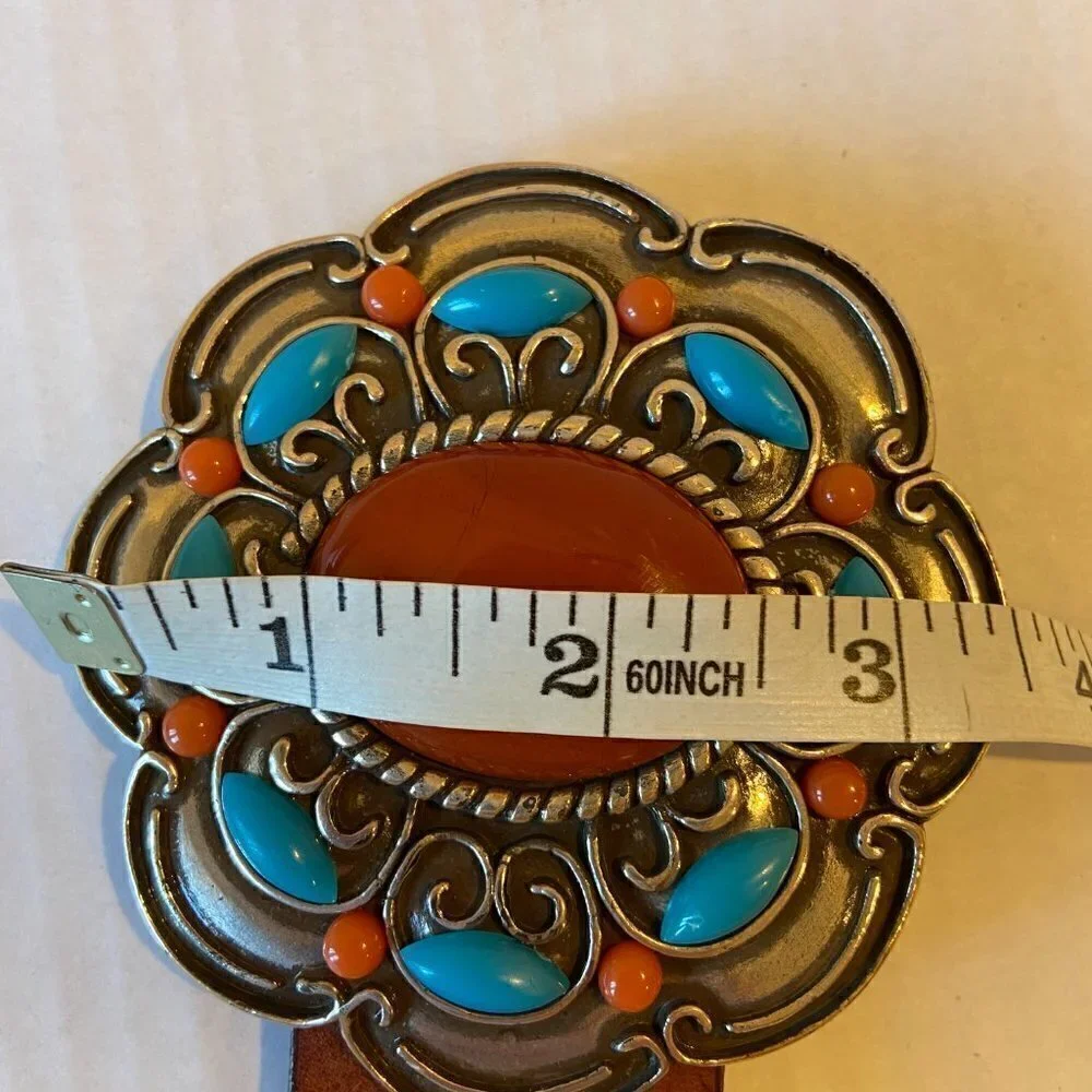 Olga Santini genuine brown leather western belt with large jeweled buckle, M